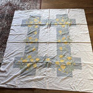 Vintage Spring Or Easter Tablecloth White Yellow And Gray Size 65 X 60